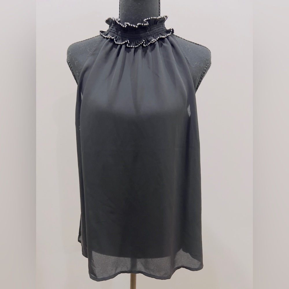 Ann Taylor Black Sleeveless Top with Beaded Neckline Medium